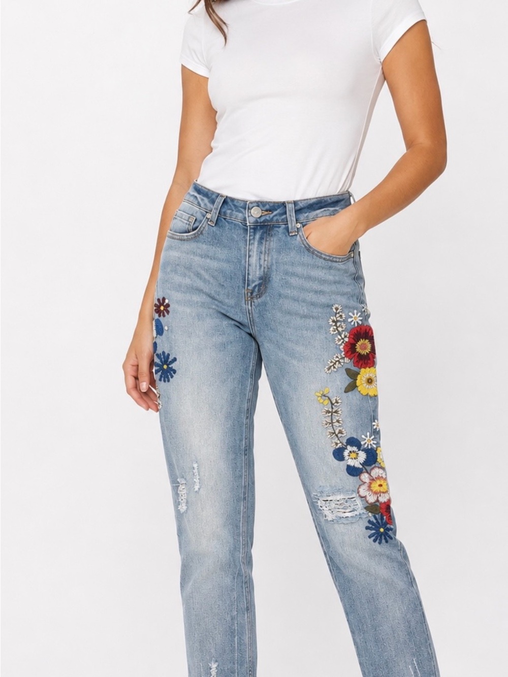 Indigo Rein Light Blue Straight Leg Jeans Floral Embroidery JR SIZE 11